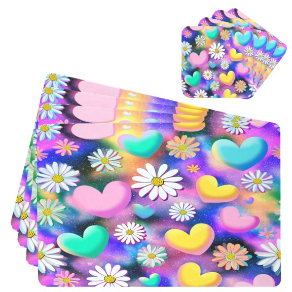 Square Leather Placemat Set One SizeX4 Heat-Resistant Washable Kitchen Table Decorations Kawaii Daisy Pop Art
