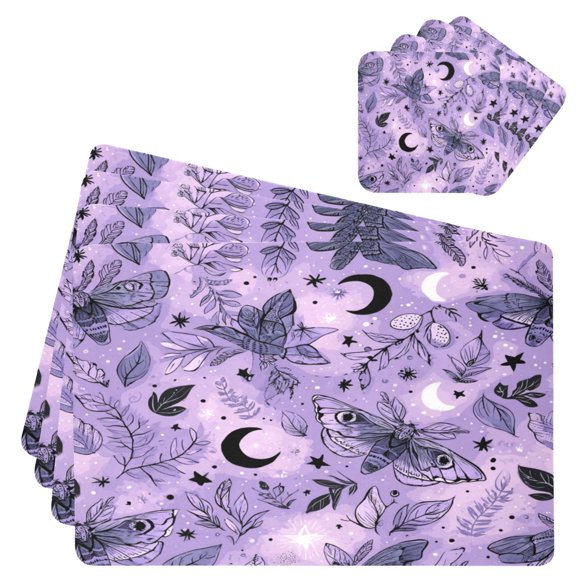 Square Leather Placemat Set One SizeX4 Heat-Resistant Washable Kitchen Table Decorations Lavender-colored Moths