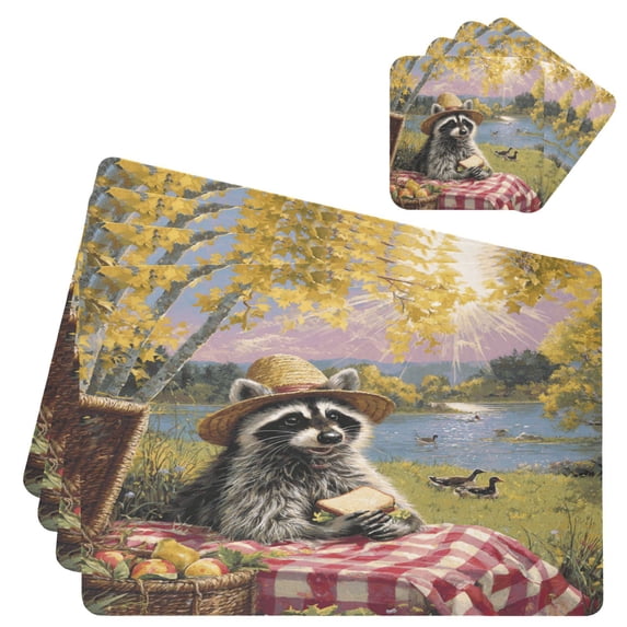 Square Leather Placemat Set One SizeX4 Heat-Resistant Washable Kitchen Table Decorations Picnic Cute Raccoon