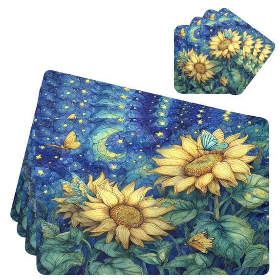 Square Leather Placemat Set One SizeX4 Heat-Resistant Washable Kitchen Table Decorations Sunflowers under The Starry Night