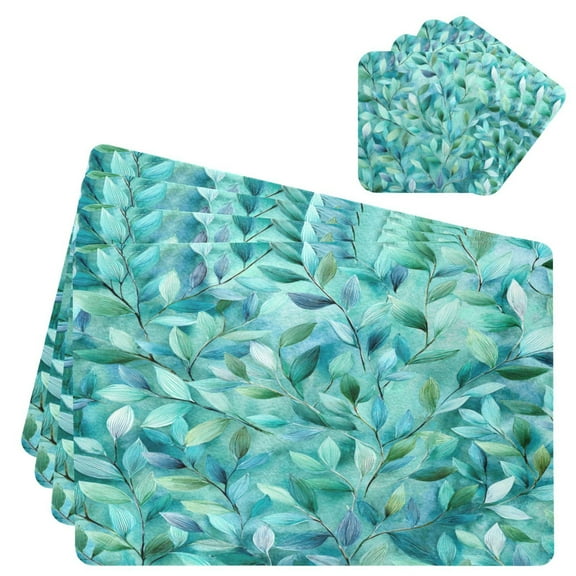 Square Leather Placemat Set One SizeX4 Heat-Resistant Washable Kitchen Table Decorations Teal Leaves and Vines