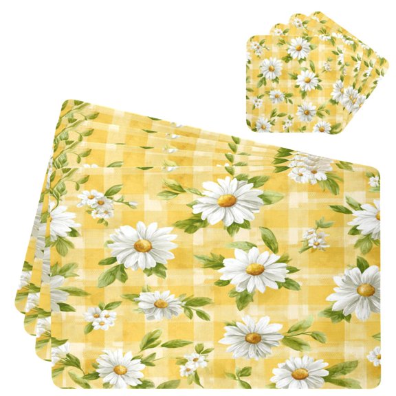 Square Leather Placemat Set One SizeX4 Heat-Resistant Washable Kitchen Table Decorations Yellow Gingham with Daisies Pattern