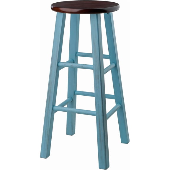 Square Leg Counter Stool, 29" Height, Rustic Light Blue Seat with Walnut Frame, Backless Solid Wood Bar Chair for Kitchen and Dining