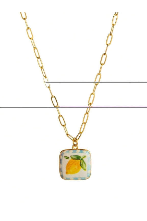 Square Lemon Pendant Necklace With Goldtone Chain And Enamel Citrus Design