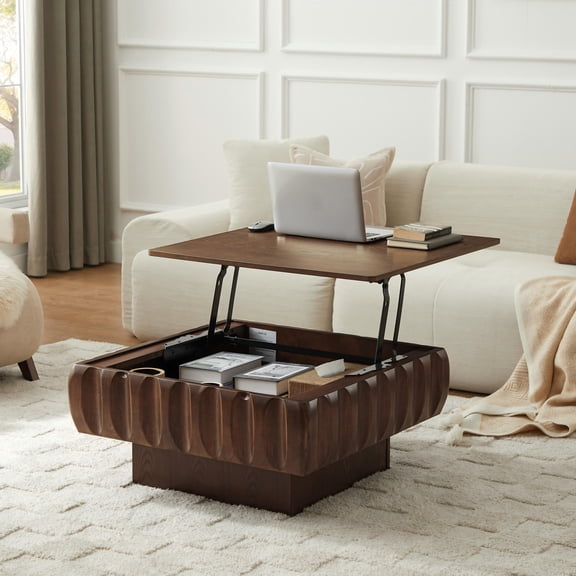 Square Lift-Top Coffee Table with Hidden Storage Space, Wood Square Large Center Table for Living Room, Retro Coffee Tables for Meeting Room, Home, Walnut