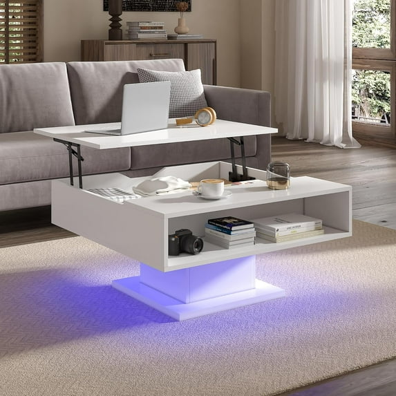 Square Lift Top Coffee Table with Storage, White Led Coffee Table for Living Room with Large Hidden Storage, 30.7" Wood Table Led Center Table for Dining Reception Room