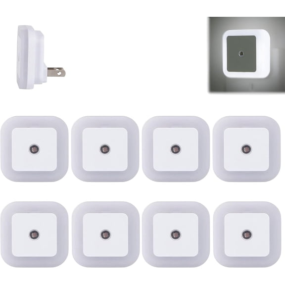 Square Light-Controlled Night Light, 4-Pack LED Plug-In Night Light with Smart Dusk-to-Dawn Sensor, Energy-Efficient 3000k Warm White Glow for Bedrooms, Hallways, And Bathrooms (White Light, 8Pcs)