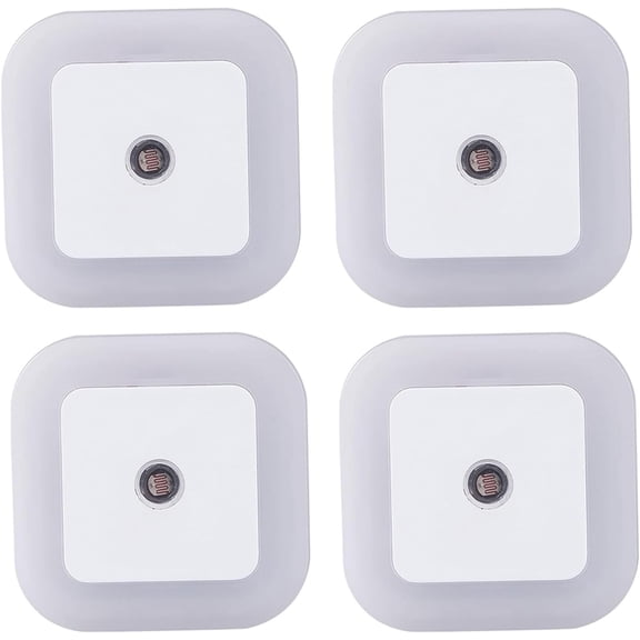 Square Light-Controlled Night Light - Dusk to Dawn LED Sensor Nightlight with 3000K Warm White Glow, Space-Saving Non-Blocking Outlet Design for Hallway, Bathroom, Bedroom & Kitchen (4-Pack) P