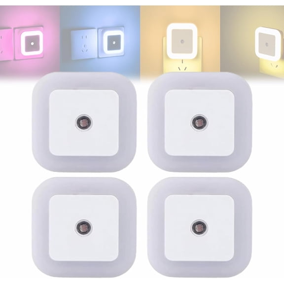 Square Light-Controlled Night Light, LED Plug-In Night Light with Smart Sensor, Energy Saving Square LED Sensor Nightlight, Soft White Color for Bedrooms, Hallways and Bathrooms (4pcs)