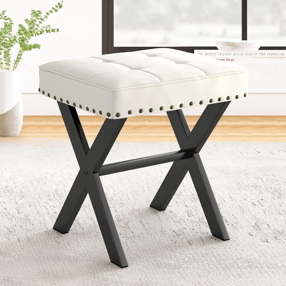 Square Linen Makeup Stool with Metal X Legs, Small Ottoman Stool Chair for Vanity, Modern Padded Vanity Seat Foot Rest Stool for Makeup Room, Living Room, Bathroom, Carbon Gray