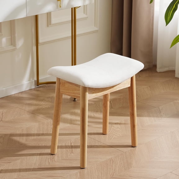 Square Linen Makeup Stool Small Padded Ottoman for Vanity or Bathroom, Modern Foot Rest Seat (Classic Beige, 10.2"D x 16.9"W x 18.1"H, Mid-Century Modern)
