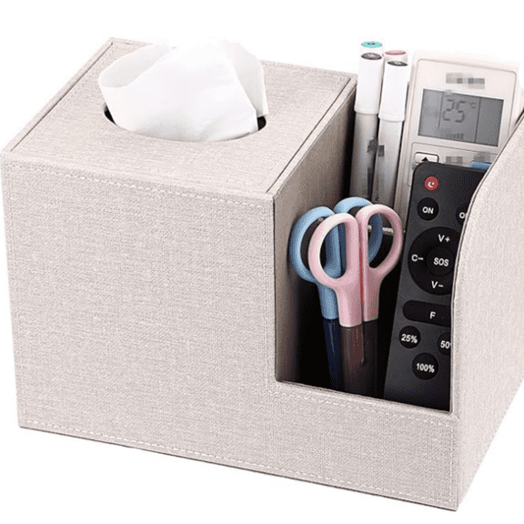 Square Linen Tissue Box Cover - Decorative Cube Tissue Box Holder with Side Organizer, Modern Tissue Box for Living Room Vanity Night Stand Table Countertop Office, Beige