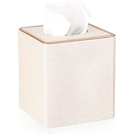 Square Linen Tissue Box Cover - Stylish Cube Tissue Box Holder with Magnetic Bottom, Decorative Tissue Box for Vanity Toilet Tank Dresser Night Stand Table Countertop Office Car, Beige