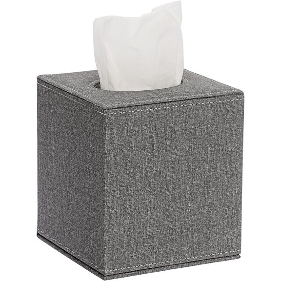 Square Linen Tissue Box Cover - Stylish Cube Tissue Box Holder with Magnetic Bottom, Decorative Tissue Box for Vanity Toilet Tank Dresser Night Stand Table Countertop Office Car-Grey