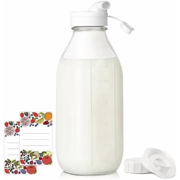 Square Liter Glass Milk Bottles with Airtight Lid - 100% Leak-Proof Heavy Duty Screw Cap, 32 Oz Glass Juice Bottles w Scale Mark, Reusable Jugs Pitcher for Homemade Juice(Extra 1 Lid and Pen)