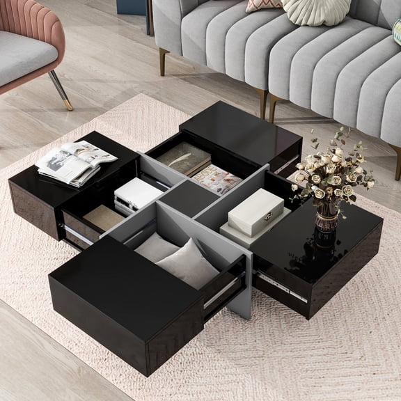 Square Living Room Table | Four - section Extendable, 4 Hidden Storage Areas | Sturdy Particleboard Material | Organize Remote Controls and Books