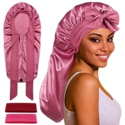 Square Long Bonnet Satin Bonnet with Tie Band for Sleeping Women, Double Layer Silk Sleep Cap, Braid Bonnet with Stretchy Tie Band