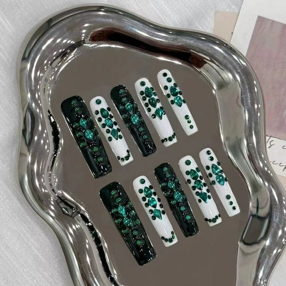 Square Long Crown Emerald Press On Nails Long French Tip Acrulic Handmade Perfect Professional Long Lasting