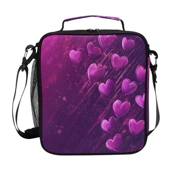 Square Lunch Bag 10.5*3.5*9.5 Inches Cooler Bag Lunch Bag Insulation Portable Durable Fashion Beautiful Purple Heart Pattern