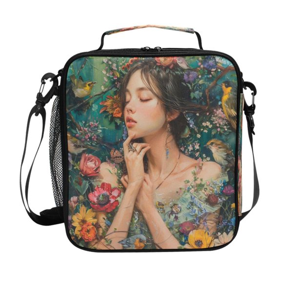 Square Lunch Bag 10.5*3.5*9.5 Inches Cooler Bag Lunch Bag Insulation Portable Durable Fashion Birds and Maidens