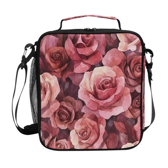 Square Lunch Bag 10.5*3.5*9.5 Inches Cooler Bag Lunch Bag Insulation Portable Durable Fashion Cartoon Maroon Roses