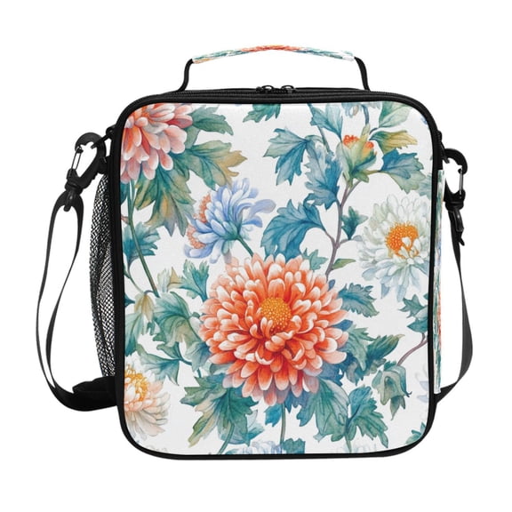 Square Lunch Bag 10.5*3.5*9.5 Inches Cooler Bag Lunch Bag Insulation Portable Durable Fashion Chrysanthemums Maroon