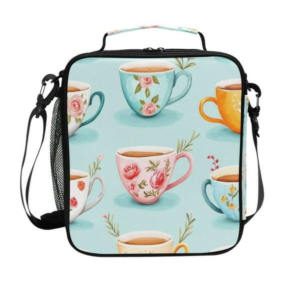 Square Lunch Bag 10.5*3.5*9.5 Inches Cooler Bag Lunch Bag Insulation Portable Durable Fashion Colorful Cartoon Tea Cup