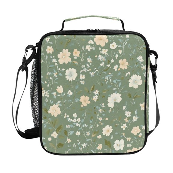 Square Lunch Bag 10.5*3.5*9.5 Inches Cooler Bag Lunch Bag Insulation Portable Durable Fashion Green Background Flower