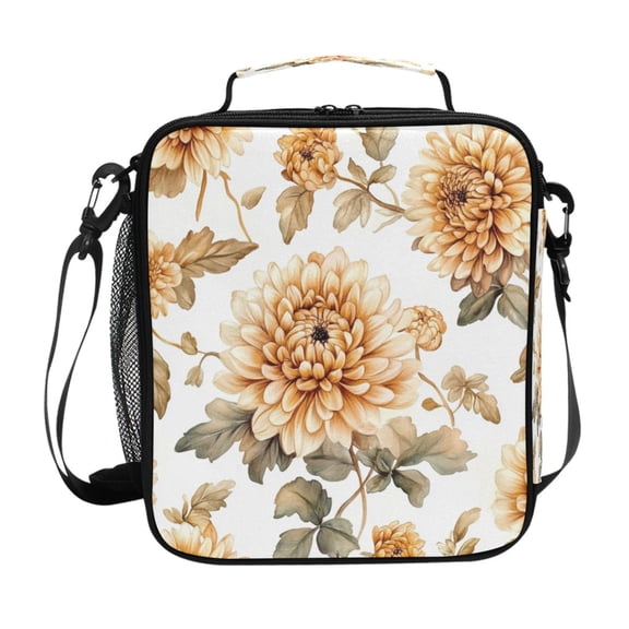 Square Lunch Bag 10.5*3.5*9.5 Inches Cooler Bag Lunch Bag Insulation Portable Durable Fashion Maroon Chrysanthemums