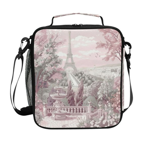 Square Lunch Bag 10.5*3.5*9.5 Inches Cooler Bag Lunch Bag Insulation Portable Durable Fashion Pink Flowers and The Eiffel Tower