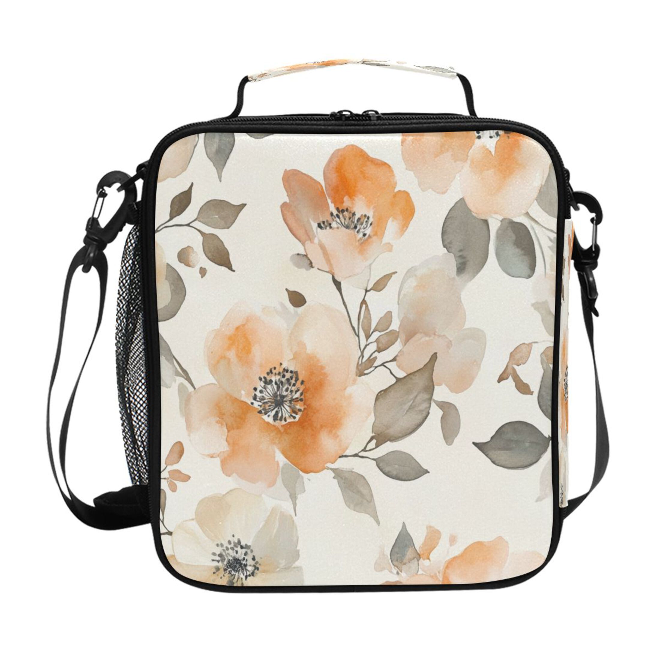 Square Lunch Bag 10.5*3.5*9.5 Inches Cooler Bag Lunch Bag Insulation Portable Durable Fashion Vibrant Cream Flowers