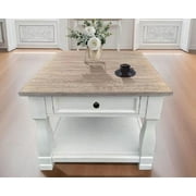 Square MDF and White Oak Coffee Table with Drawer and Shelf, Light Brown / White
