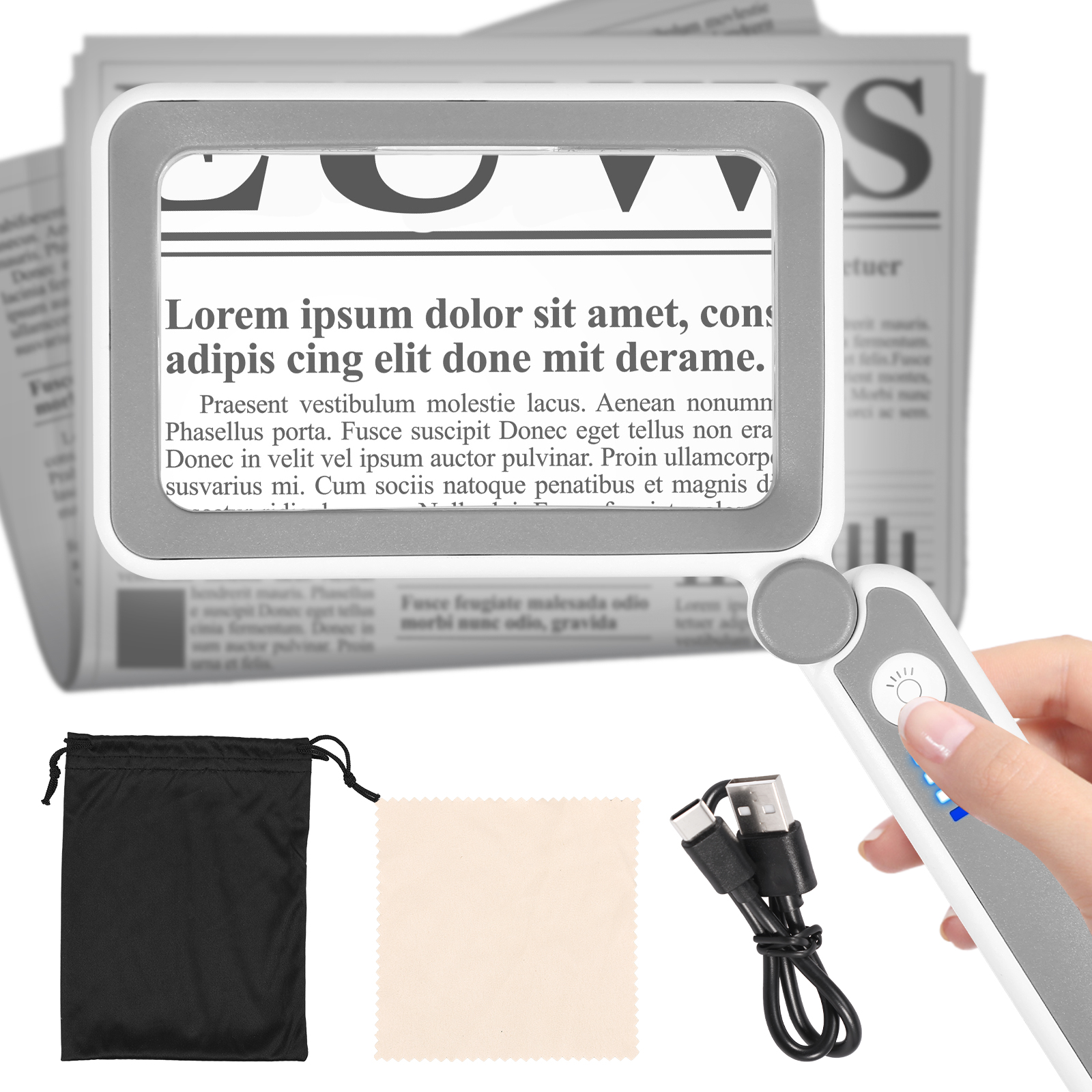 Square Magnifying Glass 4X Magnification 10 LED Page Magnifier 650mAh