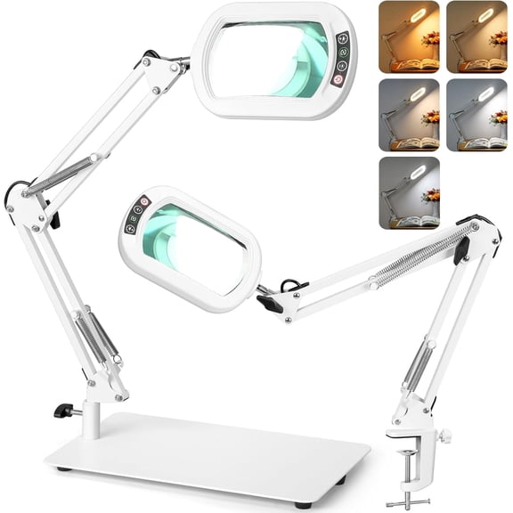 Square Magnifying Glass with Light and Stand, Real Glass LED Lighted Magnifier, 5 Color Modes Stepless Dimmable, Hands-Free Desk Lamp with Clamp for Reading Craft Hobby Close Work- White