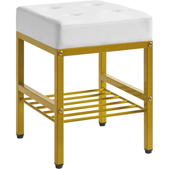 Square Makeup Stool with Adjustable Feet and Storage Space, Footrest Chair, PU Vanity Seat, Multi-Use as Small Side Table or Ottoman, for Bedroom, White LG-60W