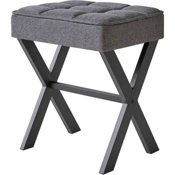 Square Makeup Stool with X-Leg Foot Rest, Linen Footrest, Ottoman Seat, Multi-Use as Small Side Table, for Bedroom, Living Room, Dark Gray LG-70G