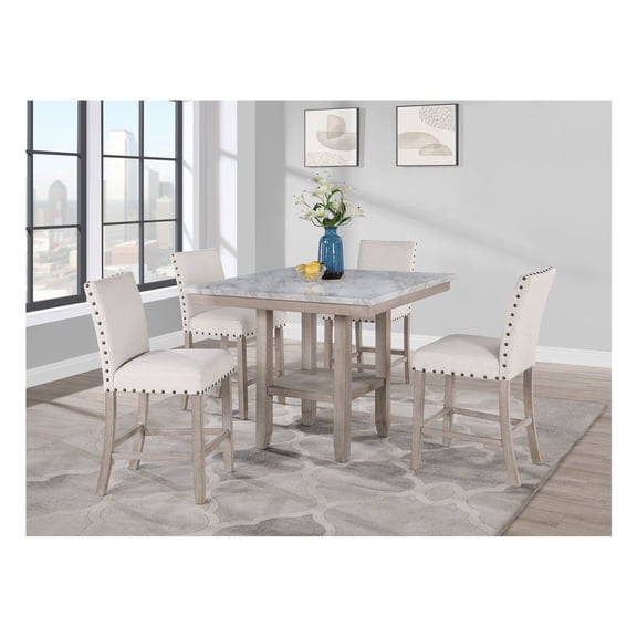 Square Marble - Finished Bar Table, Wood Stools with Solid Back - Dining Room Essential