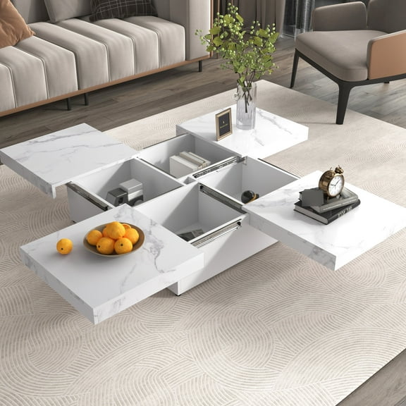 Square Marble Veneer Coffee Table, 39.4'', White, Sliding Top & Flexible Storage Option White For