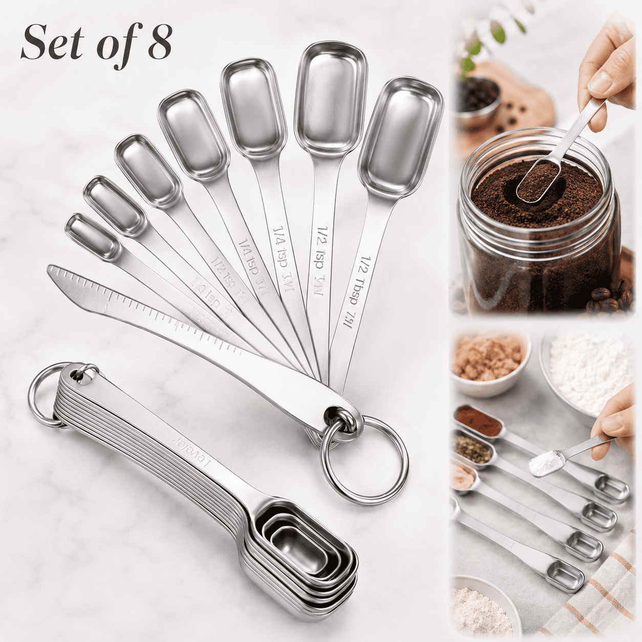 Square Measuring Spoons Set of 8, 18/8 Stainless Steel Teaspoon and ...