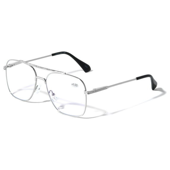 Square Metal Blue Light Blocking Reading Glasses - UV Protection Clear Lens Reader +2.00