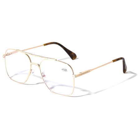 Square Metal Blue Light Blocking Reading Glasses - UV Protection Clear Lens Reader +2.25