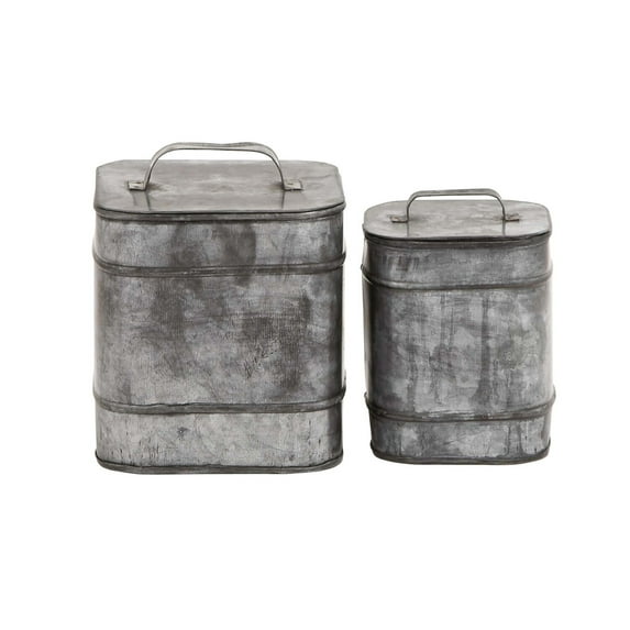 Square Metal Box with Lid and Handle, Set of Two, Weathered Gray