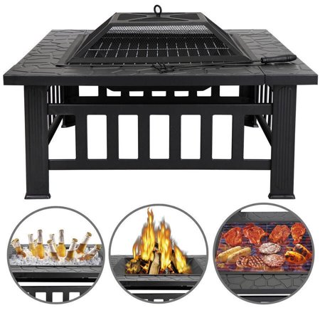 Square Metal Firepit Backyard Patio Garden Stove Fire Pit 32in w Cover