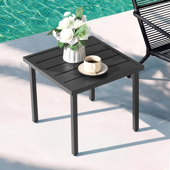 Square Outdoor Side Table, All Weather Slatted Top Patio End Table, Heavy Duty Small Outdoor Accent Table for Garden, Porch, Backyard & Poolside