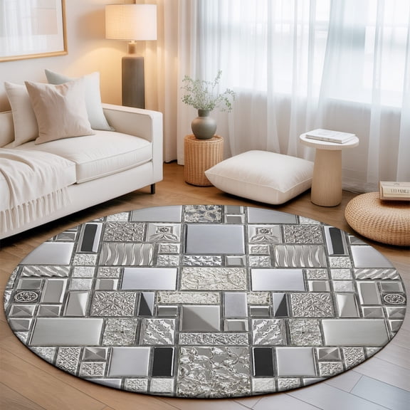 Square Metal Tiles 7' Round Rugs for Living Room Conversation Area, Vintage Sliver Gray Ornate Embossed Relief Grid Washable Non Slip Large Circle Area Rug Under Dining Table