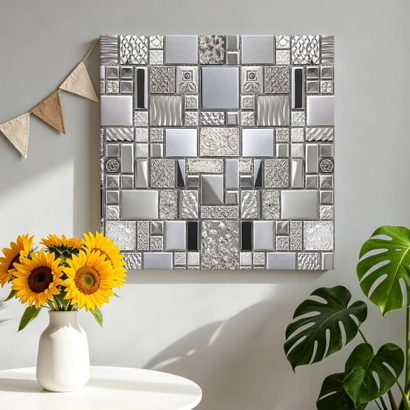 Square Metal Tiles Canvas Wall Art, Vintage Sliver Gray Ornate Embossed Relief Grid Framed Picture Canvas Wall Art Print Decor Artwork Decorations for Living Room Bedroom Ready to Hang 8" x 8"
