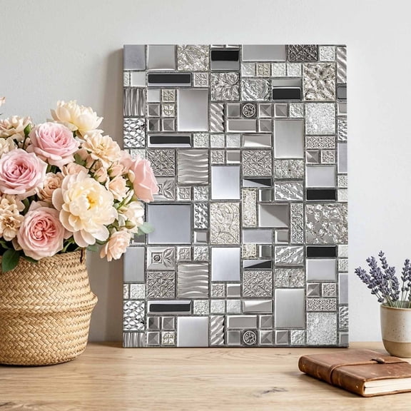 Square Metal Tiles Canvas Wall Art, Vintage Sliver Gray Ornate Embossed Relief Grid Pictures Wall Decor Wooden Framed Artwork Art Prints for Living Room Hallway Bedroom Office 16"x20"
