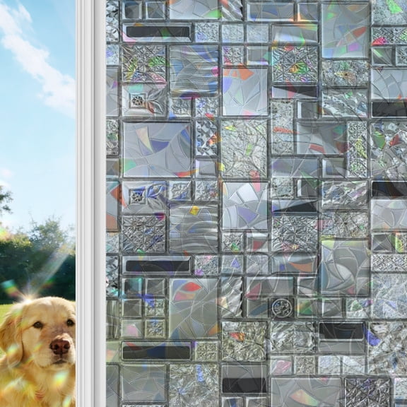 Square Metal Tiles Rainbow Window Privacy Film, Vintage Sliver Gray Ornate Embossed Relief Grid Stained Glass Window Film, Sun Blocking Static Cling Non Adhesive Door Stickers 17.7 x 39.3 Inches