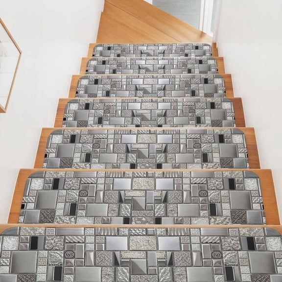 Square Metal Tiles Stair Treads Non Slip for Steps Vintage Sliver Gray Ornate Embossed Relief Grid 15 Pcs Reusable Adhesive Stair Runner Mats for Dogs Elders Carpet Treads Rugs for Staircase 8x30 In