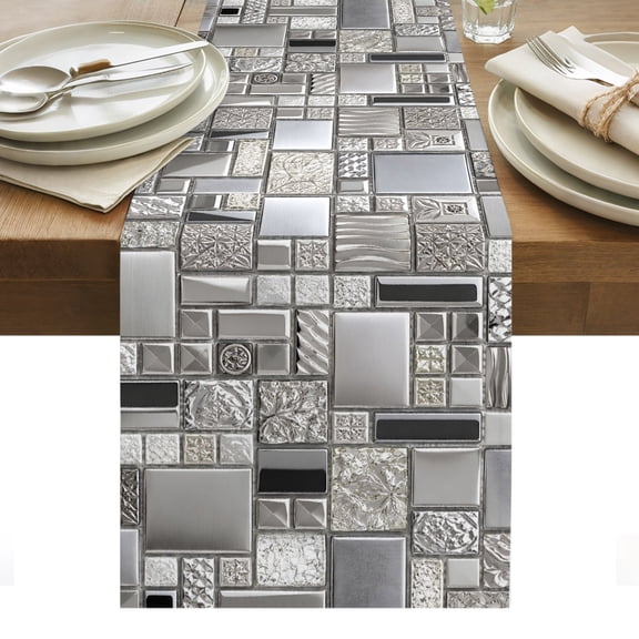Square Metal Tiles Table Runner, Vintage Sliver Gray Ornate Embossed Relief Grid Washable Kitchen Table Runners for Dining Table Decorations Party/Restaurant/Indoor Outdoor Use, 13x108in